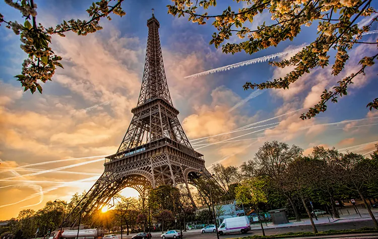 View of the Eiffel tower during sunrise in Paris, France