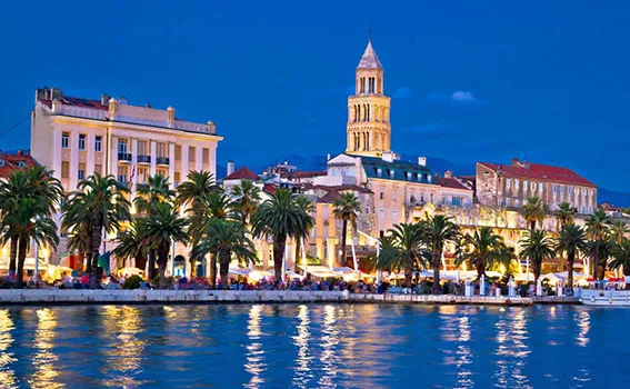 Harbour with bars and restaurants during sunset in Split, Croatia 
