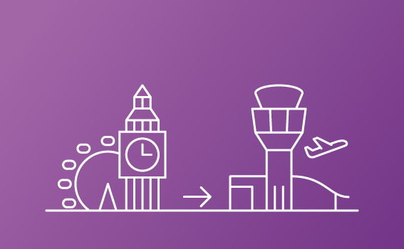 Airport / London icons on purple gradient background