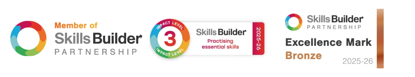 Logos to show the levels of our digital workshops, including 'Member of Skills Builder Partenrship' 'Impact level 3 of skills builder and 'Excellence mark Bronze with the skills builder partnership'.