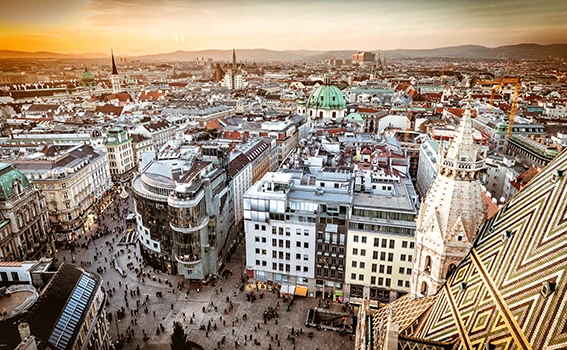 Aerial view of Vienna, Austria at sunset