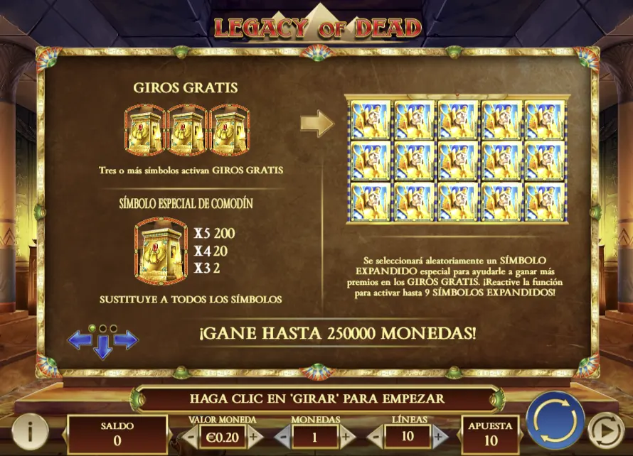 Στιγμιότυπο από το παιχνίδι Legacy of Dead με σύμβολα και ειδικά χαρακτηριστικά