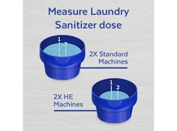 Measurement of Laundry sanitizer doses. For standard machines the dosing cup is filled to line 1 and 2 capfuls are required. For HE machines the dosing cup is filled to line 2 and 2 capfuls are required.