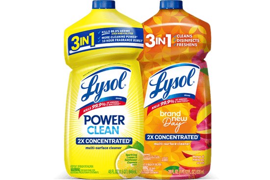 Two Lysol multi-surface cleaner bottles side by side, one yellow and one orange, both labeled "3 IN 1" and "2X Concentrated".
