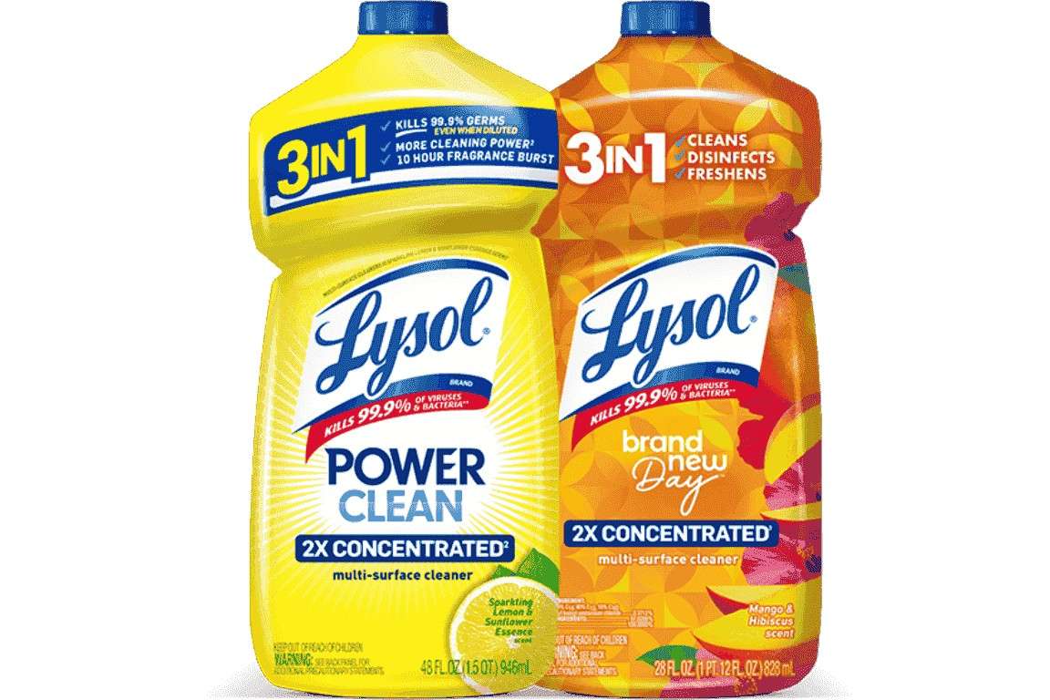 Two Lysol multi-surface cleaner bottles side by side, one yellow and one orange, both labeled "3 IN 1" and "2X Concentrated".