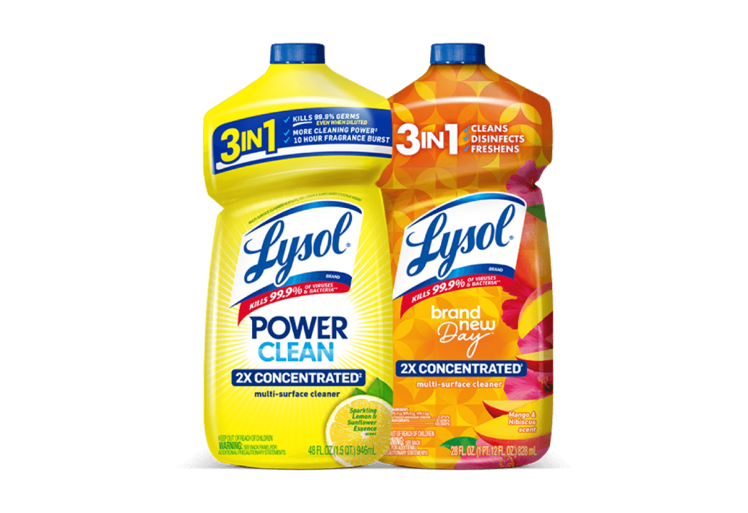 Two Lysol multi-surface cleaner bottles side by side, one yellow and one orange, both labeled "3 IN 1" and "2X Concentrated".
