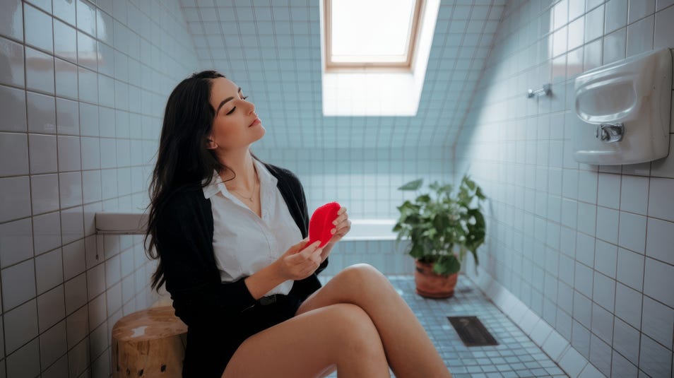 امرأة تحمل إسفنجة حمراء أثناء جلوسها في الحمام