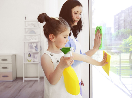 Woman and girl cleaning