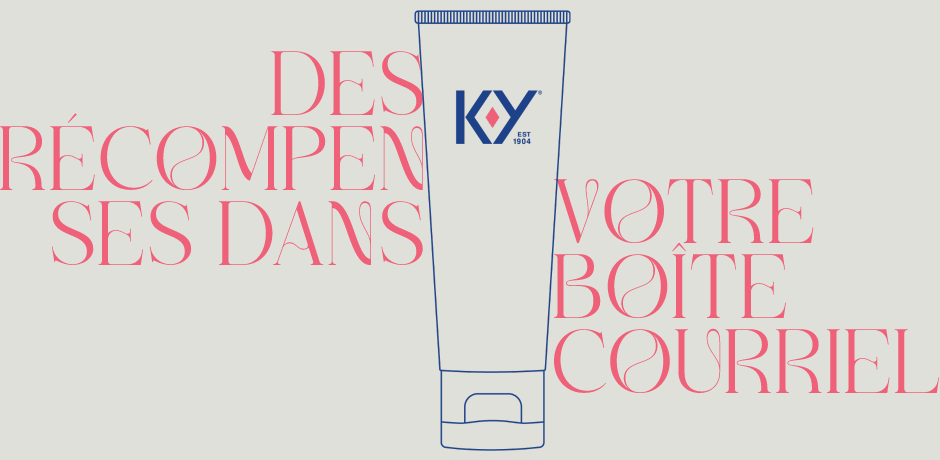 Texte 'Prêt.e à revendiquer votre plaisir' autour d’une illustration d'un lubrifiant K-Yᴹᴰ