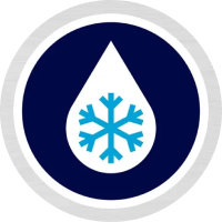 A cartoon droplet with a snowflake. Text says "works even in cold water"