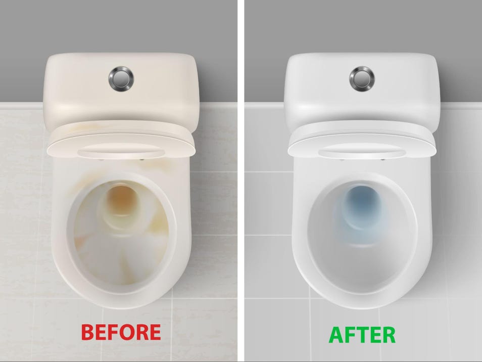 two pictures of toilet bowl, one showing stains, while other one is clean