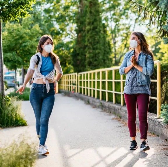 Two adults standing six feet apart on a pathway and chatting. They are both wearing masks.