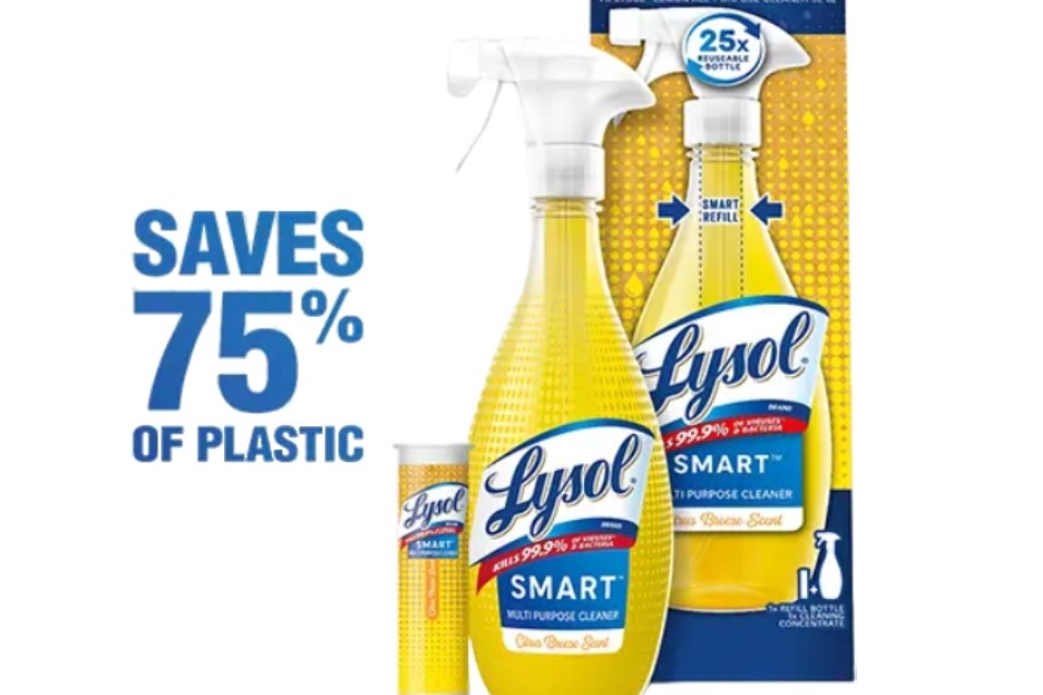 Image of Lysol Smart Multi Purpose Cleaner Starter Kit. Text says "Saves 75% of Plastic"