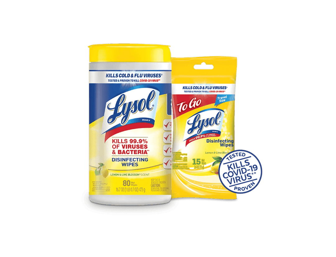 Two Lysol disinfecting wipes containers, one large and one "To Go" pack, claiming to kill viruses.