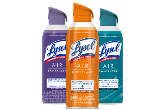 Three cans of Lysol air sanitizer in various scents displayed in a row.