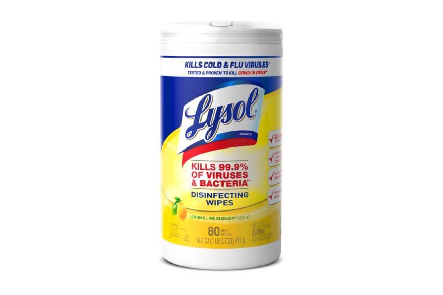 Lysol Disinfecting Wipes container with lemon and lime blossom scent.