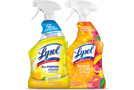 Two Lysol all-purpose cleaner spray bottles, one yellow with lemon scent and one orange with mango & hibiscus scent.