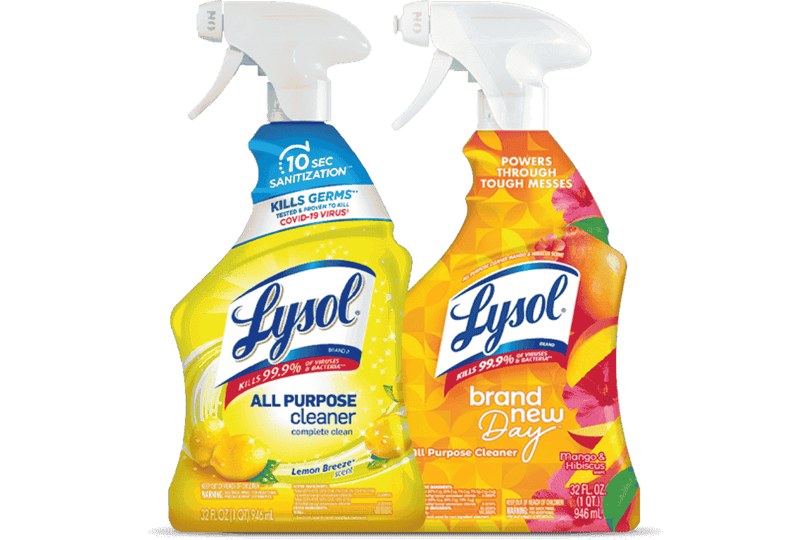 Two Lysol all-purpose cleaner spray bottles, one yellow with lemon scent and one orange with mango & hibiscus scent.