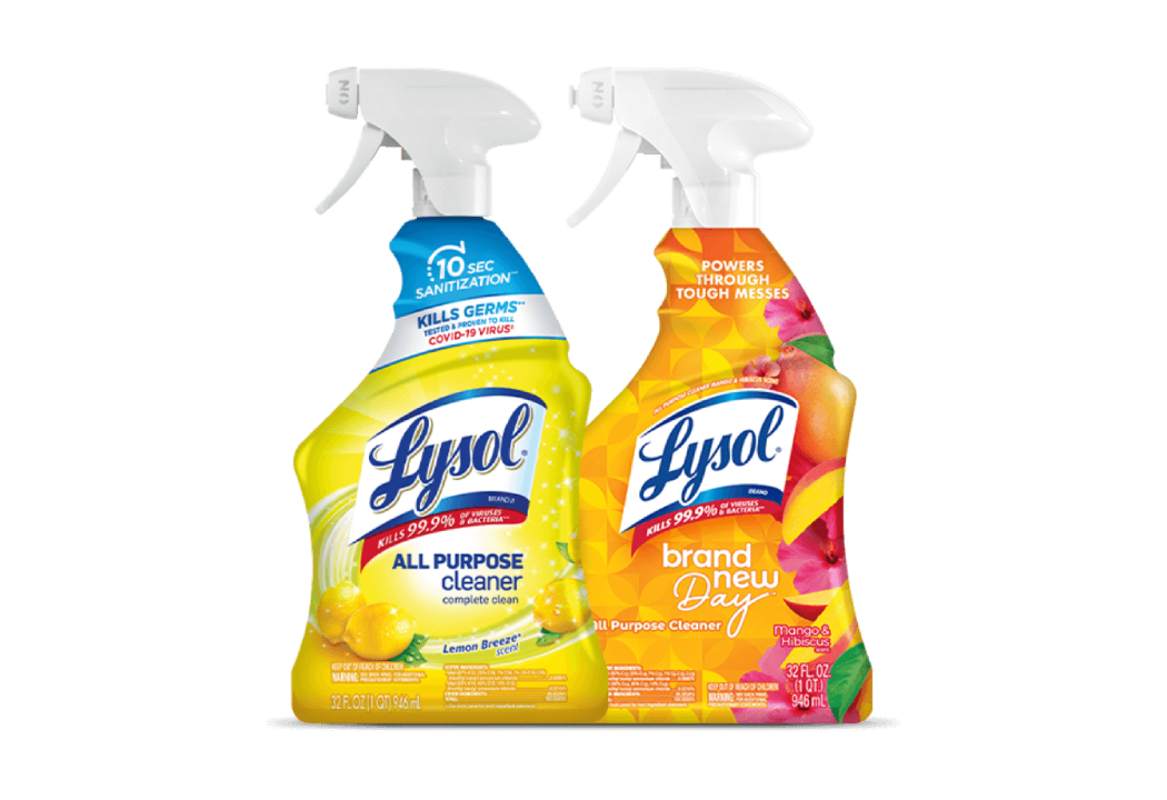 Two Lysol all-purpose cleaner spray bottles, one yellow with lemon scent and one orange with mango & hibiscus scent.