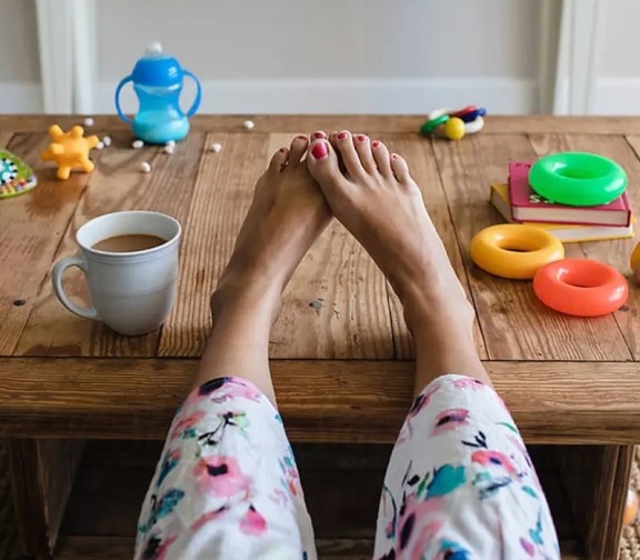 Feet with painted toenails resting on a table with a coffee mug, children's toys and a sippy cup of milk.