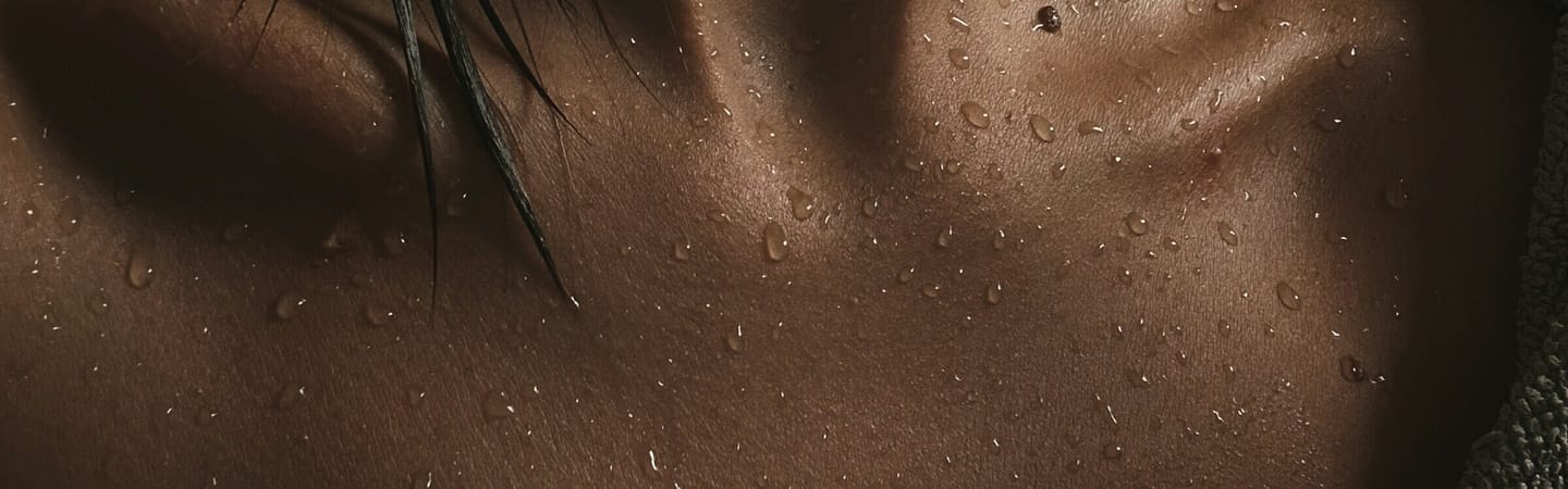 Water droplets on a person’s upper chest and collarbone.