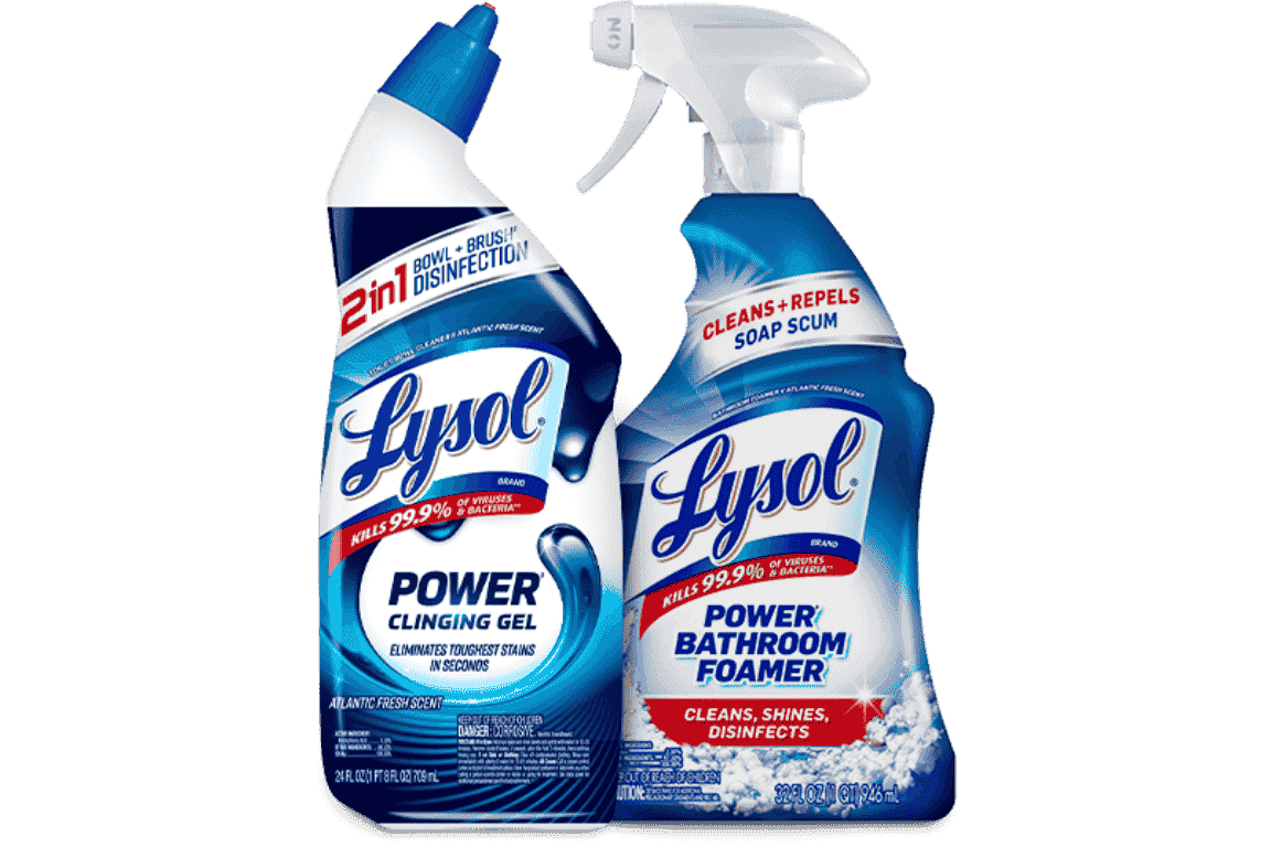 Two bottles of Lysol cleaning products, including Power Clinging Gel and Power Bathroom Foamer.