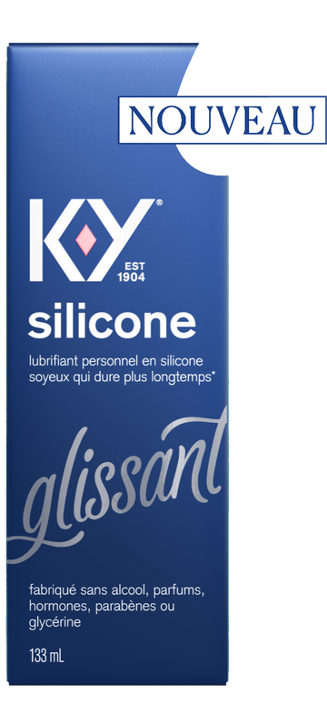 Avant d’un emballage de lubrifiant K-Y — Boîte en silicone avec une icône « NOUVEAU »