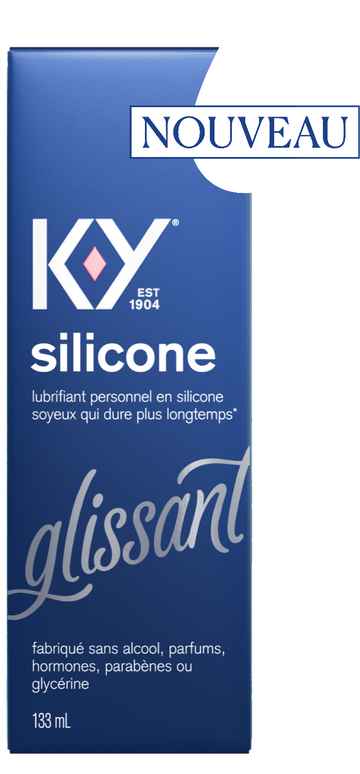 Avant d’un emballage de lubrifiant K-Y — Boîte en silicone avec une icône « NOUVEAU »