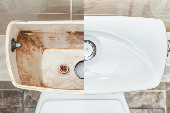 Quelqu'un nettoie l'intérieur d'une cuvette de toilettes