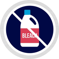 A cartoon bottle of bleach with a cross through it. Text says "contains zero percent bleach"