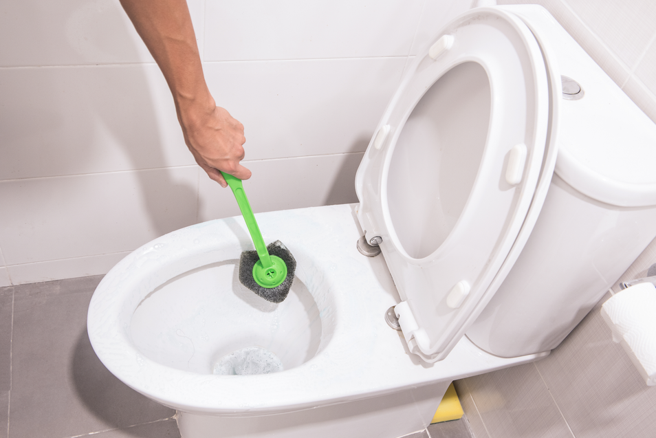 a person cleaning toilet bowl rim jets with a toilet brush