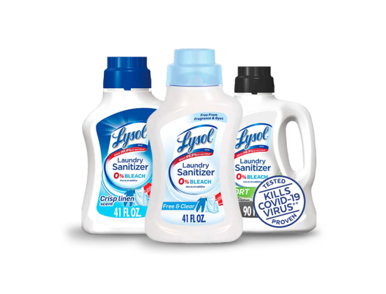 Three bottles of Lysol Laundry Sanitizer in different scents, one claims to kill COVID-19 virus.