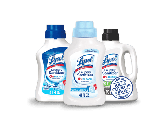 Three bottles of Lysol Laundry Sanitizer in different scents, one claims to kill COVID-19 virus.