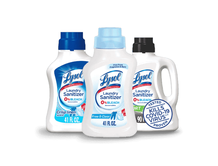 Three bottles of Lysol Laundry Sanitizer in different scents, one claims to kill COVID-19 virus.