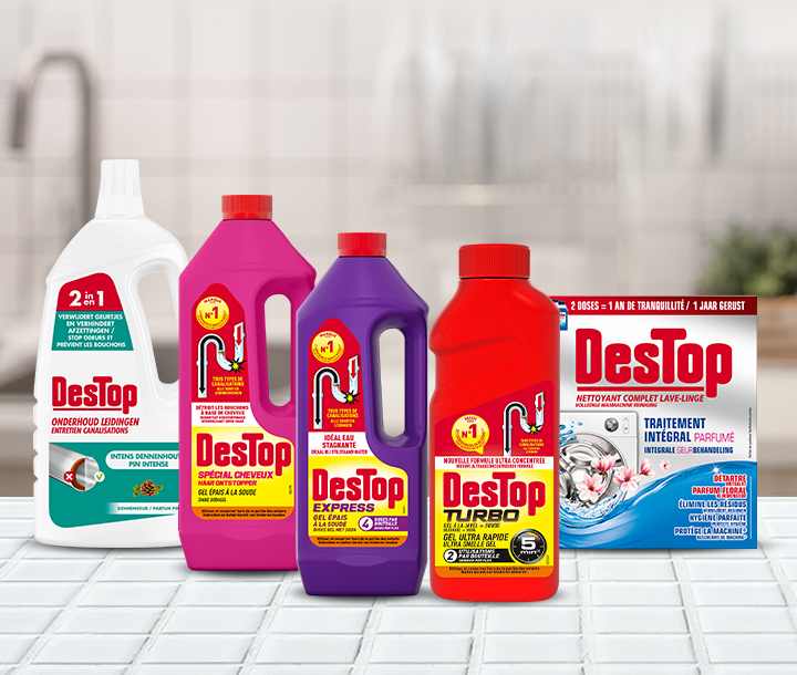 Gamme Destop: Gel Express, Spécial Cheveux, Turbo 500ML, Entretiens Canalisation Parfums Pin & Nettoyant Complet Lave-linge