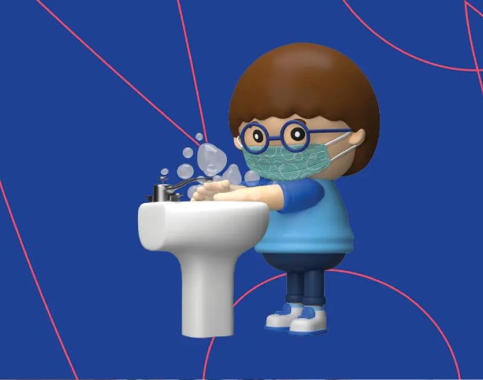 Cartoon child washing hands over a sink with a face mask on.