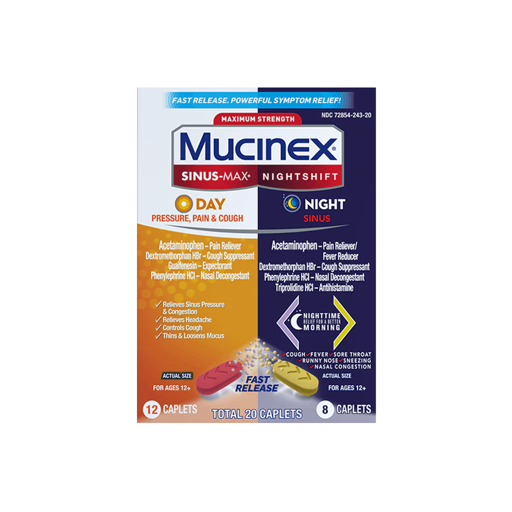 Mucinex<sup>®</sup> Sinus-Max<sup>®</sup> Day Pressure, Pain & Cough & Nightshift<sup>®</sup> Night Sinus Caplets