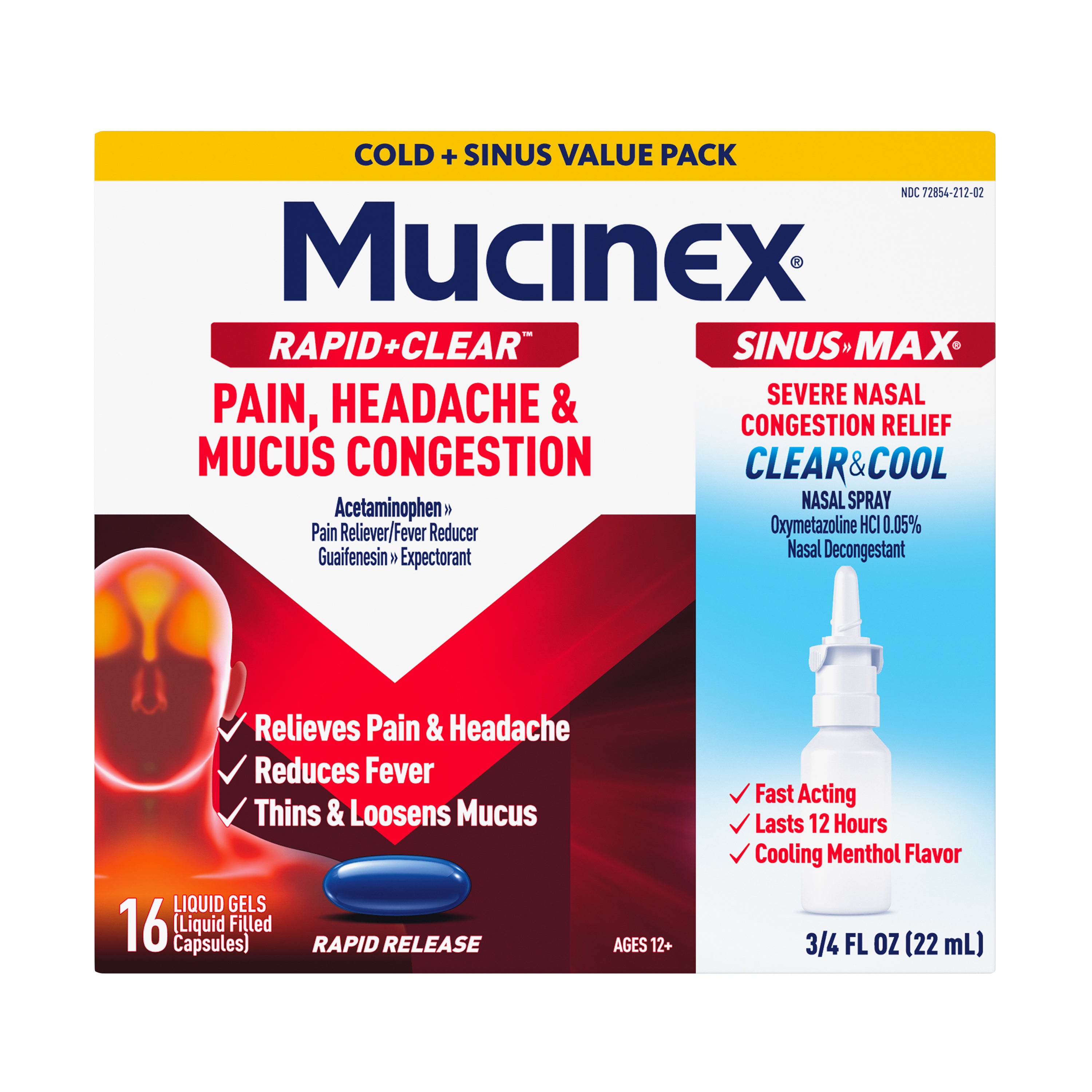 Mucinex Rapid+Clear Pain, Headache & Mucus Congestion liquid gels + Mucinex<sup>®</sup> Sinus-Max<sup>®</sup> Clear & Cool Nasal Spray