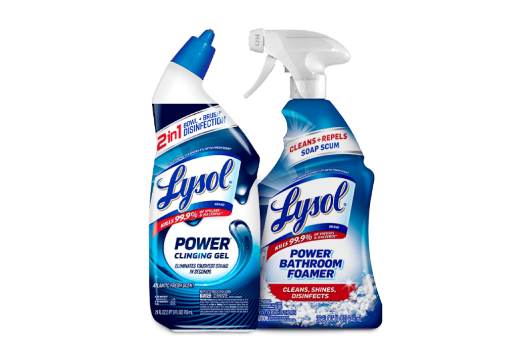 Two bottles of Lysol cleaning products, including Power Clinging Gel and Power Bathroom Foamer.