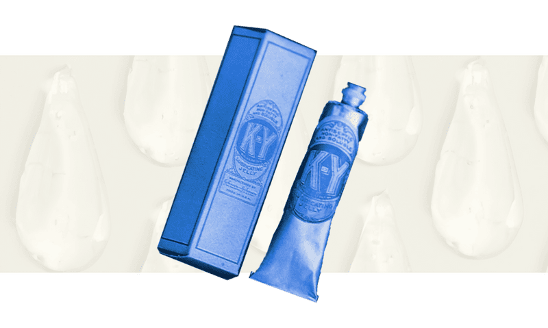 K-Y lubricant bottle from 1904 on a droplet background.