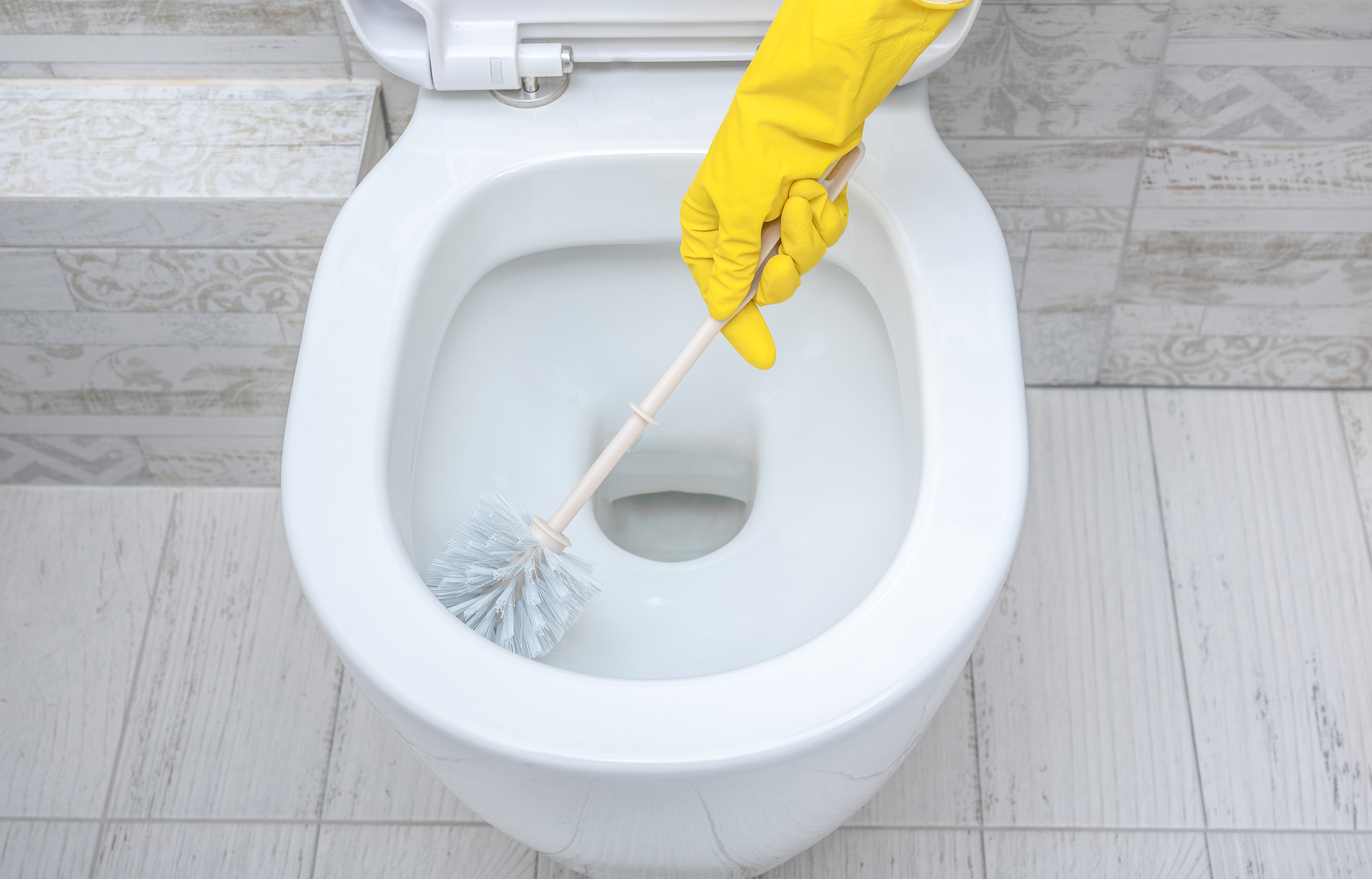 a person wearing gloves cleaning toilet bowl with a toilet brush