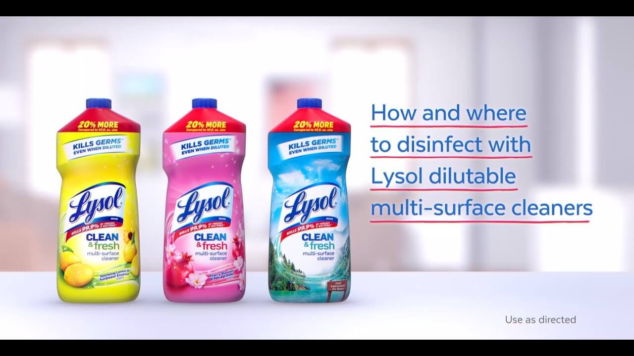 Three Lysol multi-surface cleaner bottles in yellow, pink, and blue with a text block on the right.