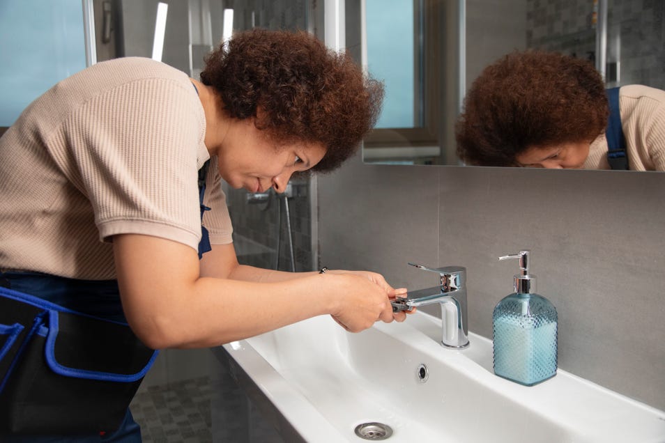 Female plumber repairing a bathroom faucet