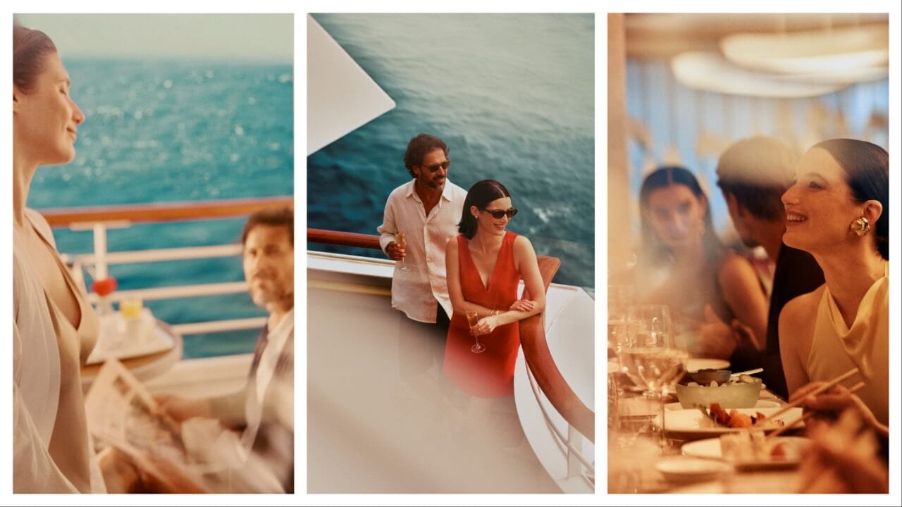 collage de una pareja en un crucero en el desayuno en el balcón, en cubierta y en la cena