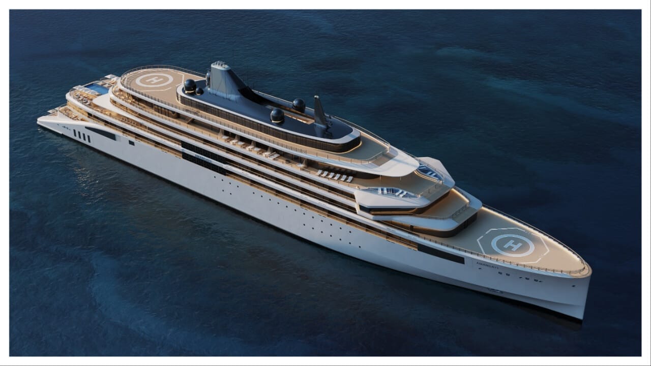 aerial rendering of a yacht with two helipads, one forward and one aft