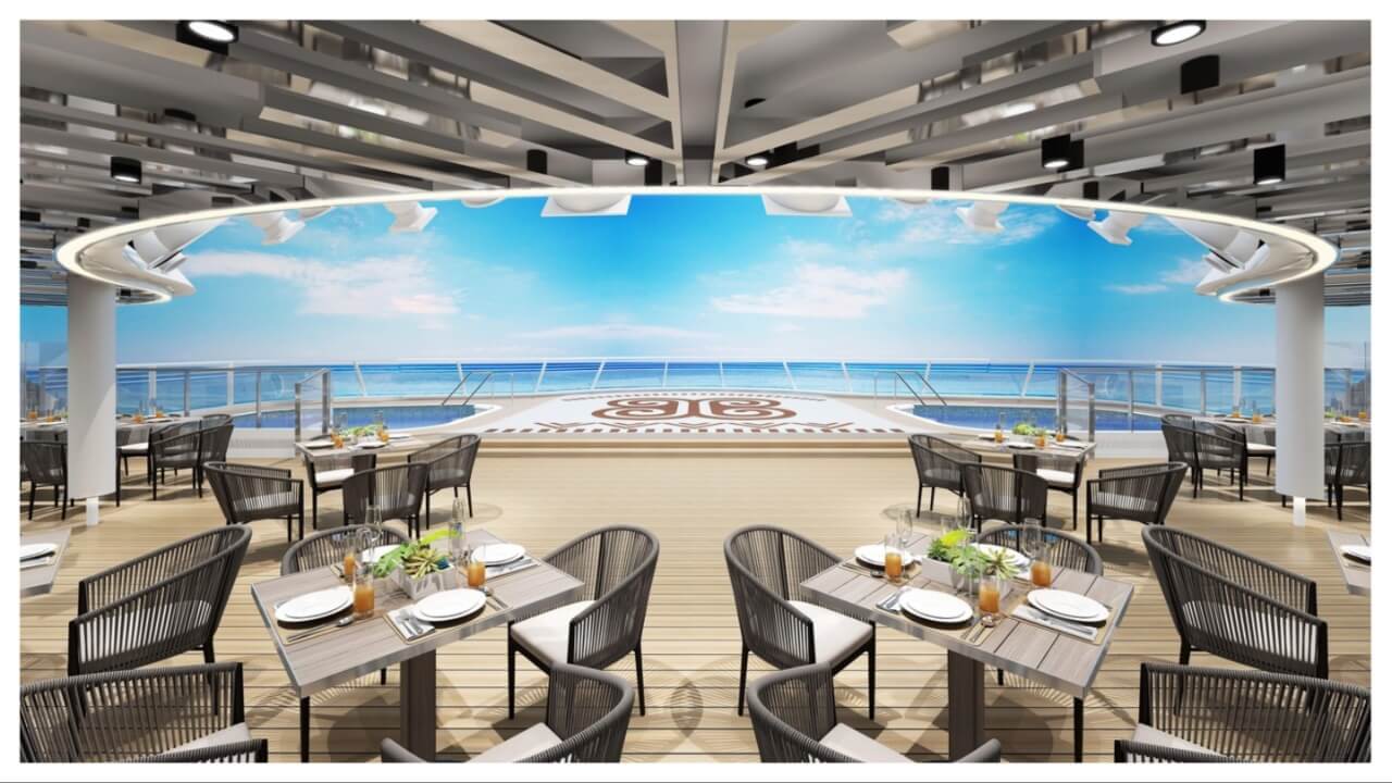 renderizado de la cafetería de la cubierta de un crucero con dos piscinas