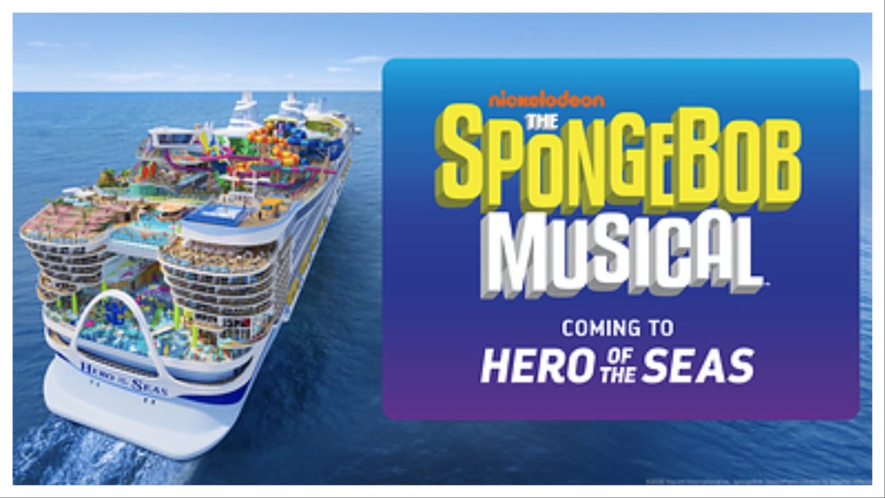 rendering of a cruise ship next to colorful text on a purple field