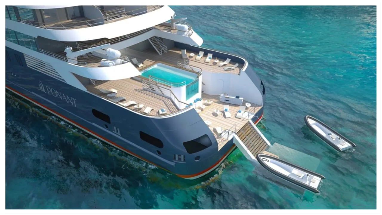rendering of aft end of expedition cruise ship with infinity pool, marina platform and Zodiacs