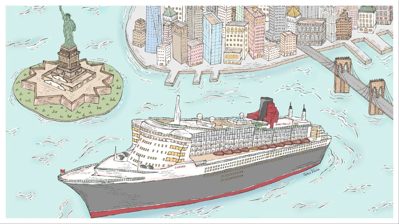 Illustration by Tanu Vasu of Queen Mary 2 passing through Now York's iconic harbour