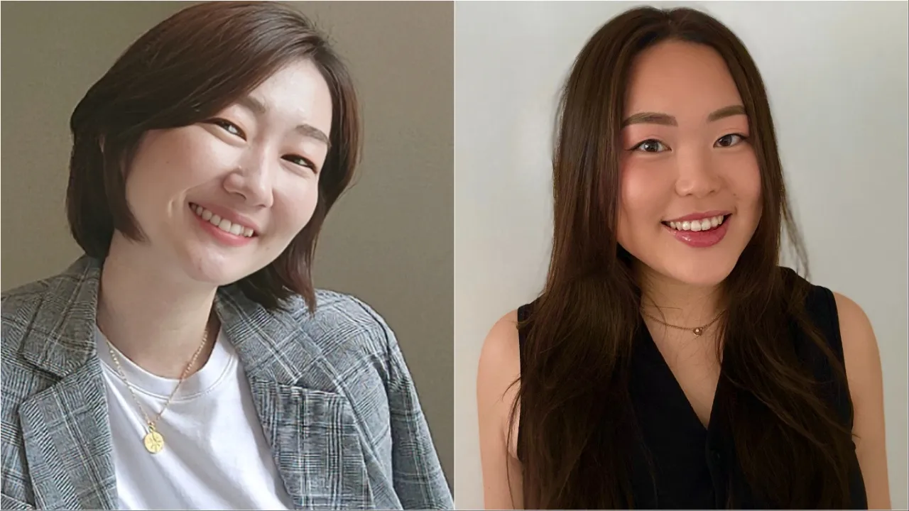Two smiling Asian women with black hair, one wearing a shirt and blazer, and the other wearing black